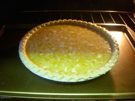 Pour Chess Pie mixture into a ready-made prepared pie shell, and place on a cookie sheet in the middle rack of your preheated oven.